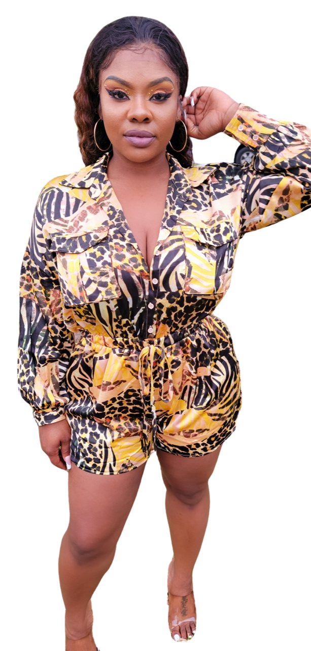 Satin Animal Print Sash Long Sleeves Romper