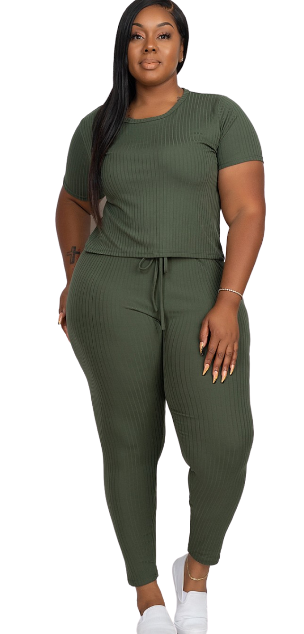 Ribbed Shirt & Legging PLUS Set - Olive