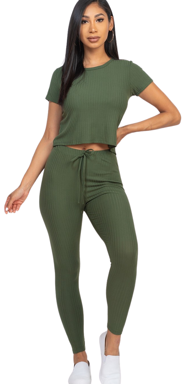 Ribbed Shirt & Legging Set - Olive